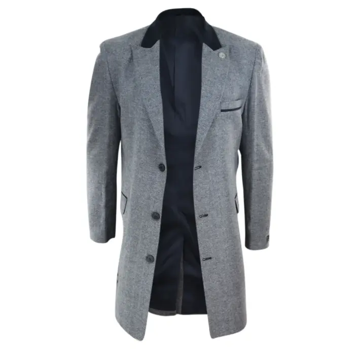 Mens 3/4 Long Overcoat Jacket Herringbone Tweed Coat Peaky Blinders Fit - Image 8