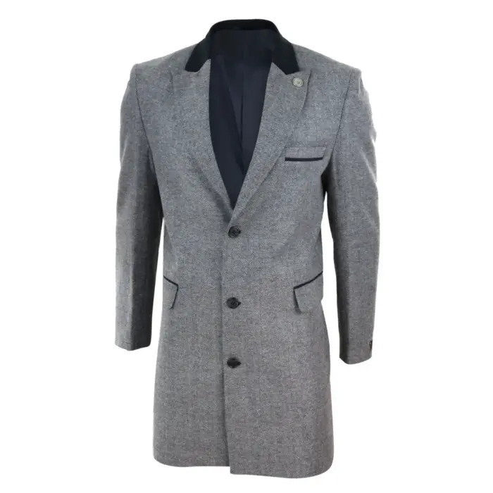 Mens 3/4 Long Overcoat Jacket Herringbone Tweed Coat Peaky Blinders Fit - Image 7