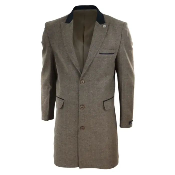 Mens 3/4 Long Overcoat Jacket Herringbone Tweed Coat Peaky Blinders Fit - Image 17