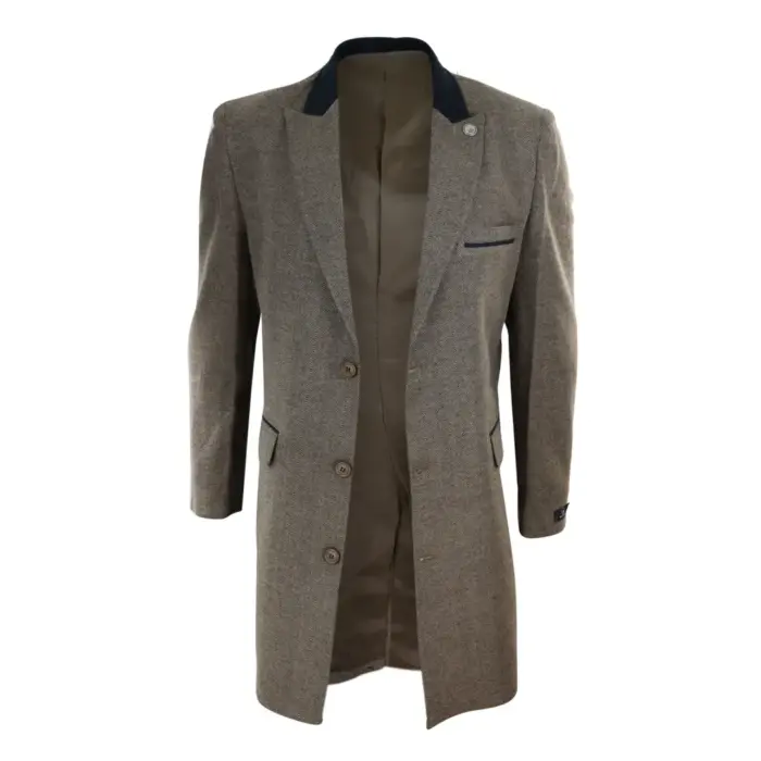Mens 3/4 Long Overcoat Jacket Herringbone Tweed Coat Peaky Blinders Fit - Image 19