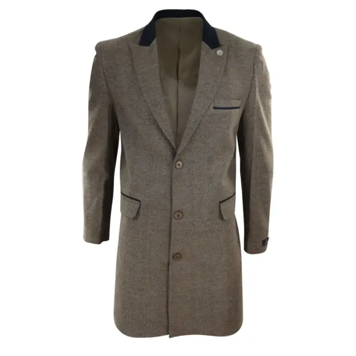 Mens 3/4 Long Overcoat Jacket Herringbone Tweed Coat Peaky Blinders Fit - Image 16