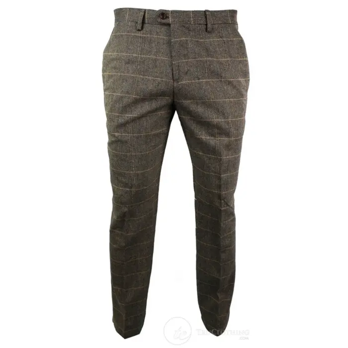 Mens Vintage Tweed Check Trouser Herringbone Tan Brown Slim Fit Regular - Image 1