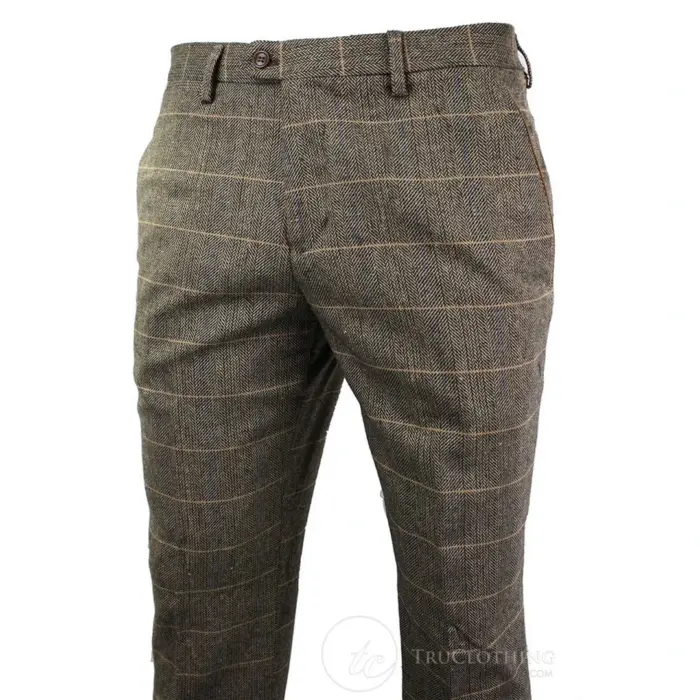 Mens Vintage Tweed Check Trouser Herringbone Tan Brown Slim Fit Regular - Image 2