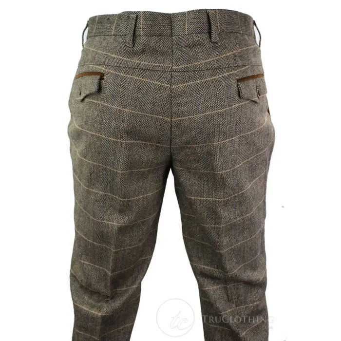 Mens Vintage Tweed Check Trouser Herringbone Tan Brown Slim Fit Regular - Image 4