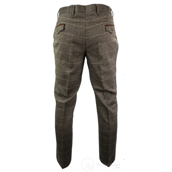 Mens Vintage Tweed Check Trouser Herringbone Tan Brown Slim Fit Regular - Image 3