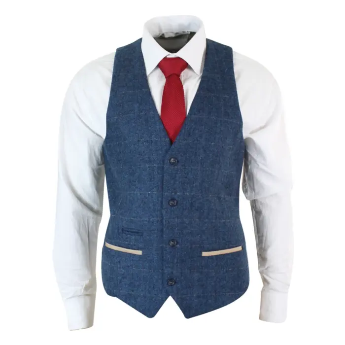 Mens Herringbone Tweed Vintage Check Waistcoat Velvet Trim Blue Brown Grey - Image 1