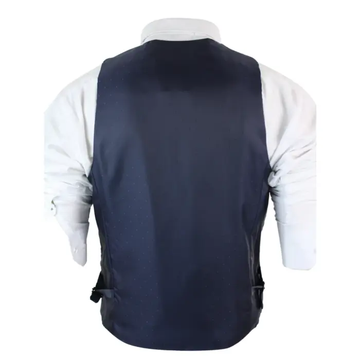 Mens Herringbone Tweed Vintage Check Waistcoat Velvet Trim Blue Brown Grey - Image 3