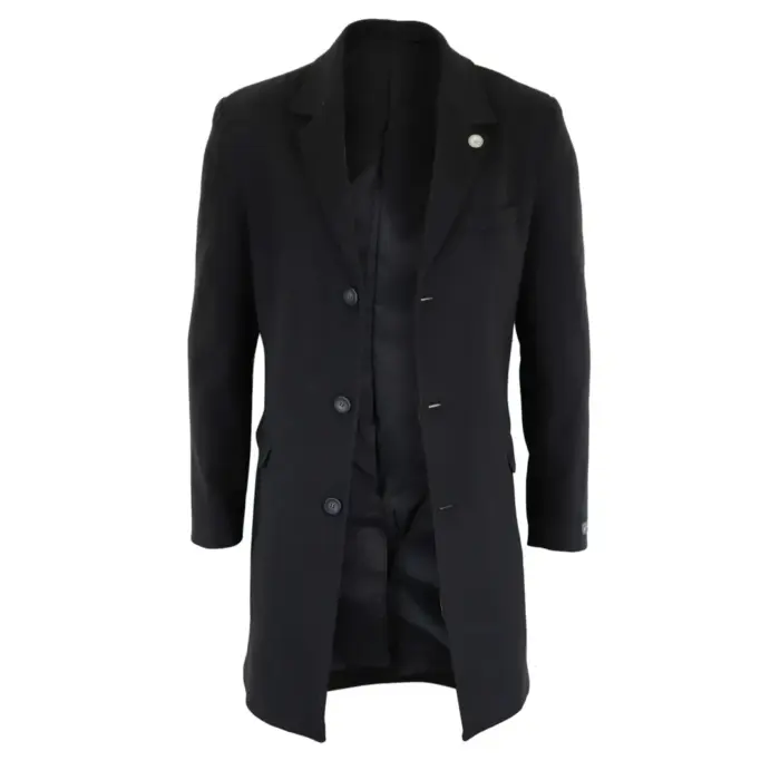 Mens 3/4 Long Overcoat Jacket Wool Feel Coat Blinders Slim Fit - Image 4
