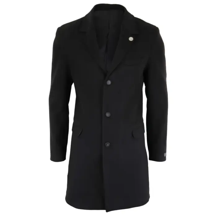 Mens 3/4 Long Overcoat Jacket Wool Feel Coat Blinders Slim Fit - Image 1