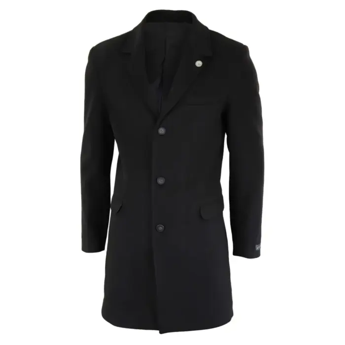 Mens 3/4 Long Overcoat Jacket Wool Feel Coat Blinders Slim Fit - Image 2