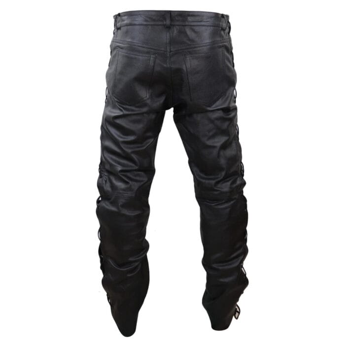 Mens Real Leather Biker Jeans Laced Tassel Western Cowboy Riding Pants Trousers - Image 4