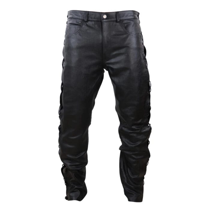 Mens Real Leather Biker Jeans Laced Tassel Western Cowboy Riding Pants Trousers - Image 1