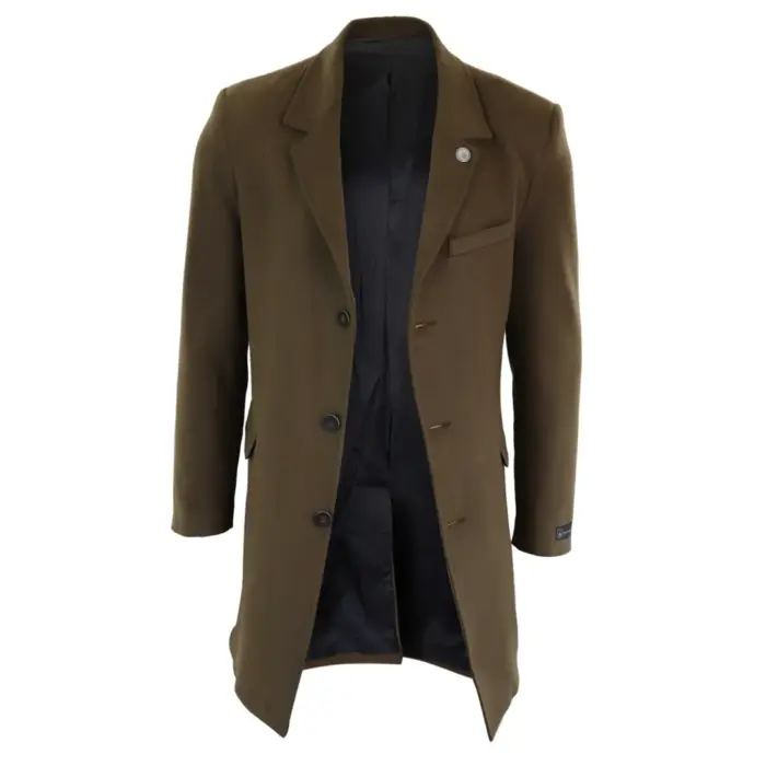 Mens 3/4 Long Overcoat Jacket Wool Feel Coat Blinders Slim Fit - Image 8