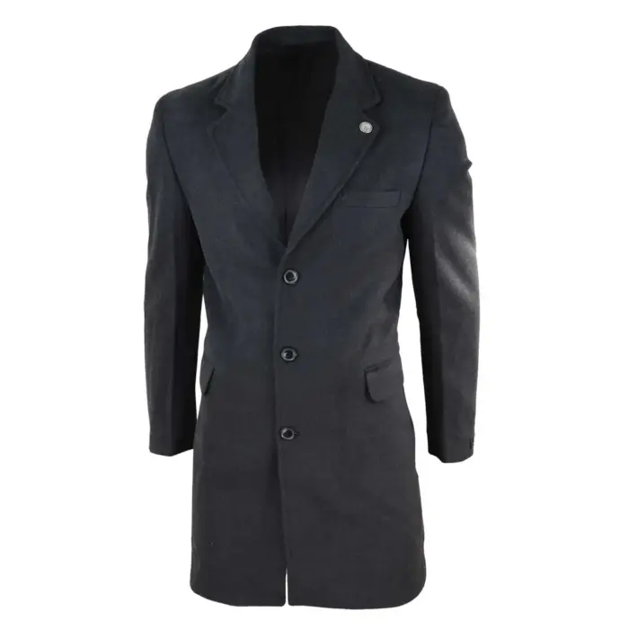 Mens 3/4 Long Overcoat Jacket Wool Feel Coat Blinders Slim Fit - Image 13