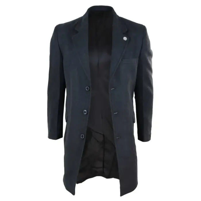 Mens 3/4 Long Overcoat Jacket Wool Feel Coat Blinders Slim Fit - Image 12
