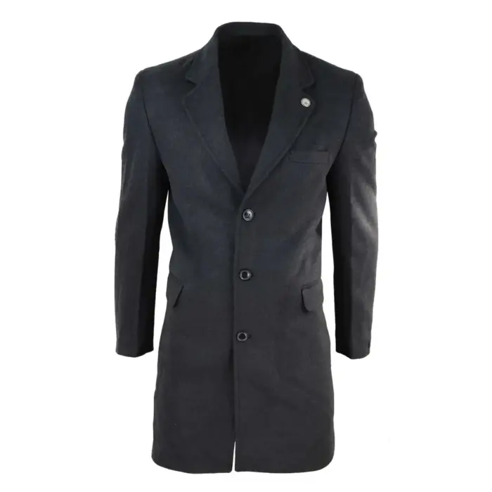 Mens 3/4 Long Overcoat Jacket Wool Feel Coat Blinders Slim Fit - Image 11