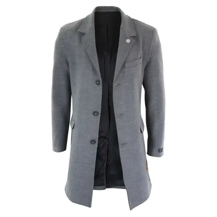 Mens 3/4 Long Overcoat Jacket Wool Feel Coat Blinders Slim Fit - Image 17