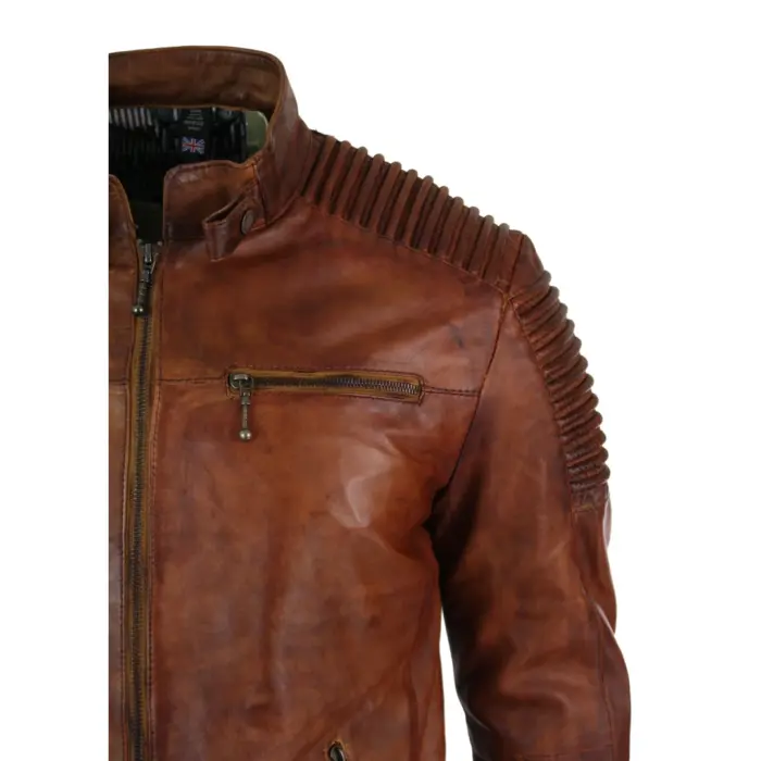Mens Slim Fit Tan Brown Washed Vintage Real Leather Jacket Zipped Casual - Image 4