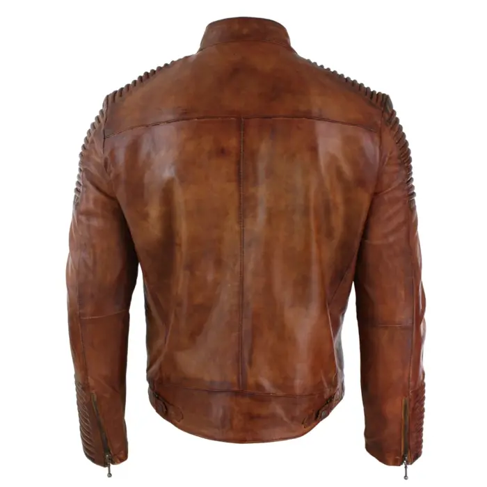 Mens Slim Fit Tan Brown Washed Vintage Real Leather Jacket Zipped Casual - Image 5