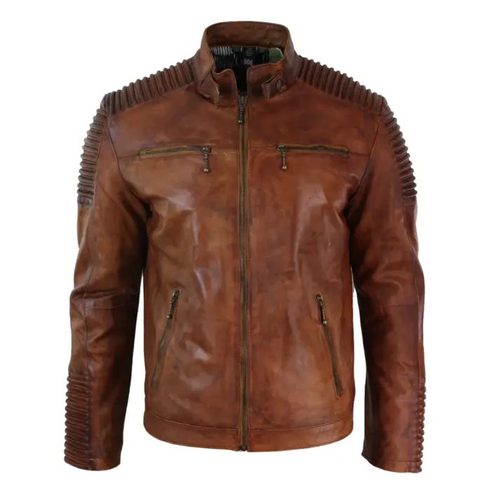 Mens Slim Fit Tan Brown Washed Vintage Real Leather Jacket Zipped Casual - Image 1