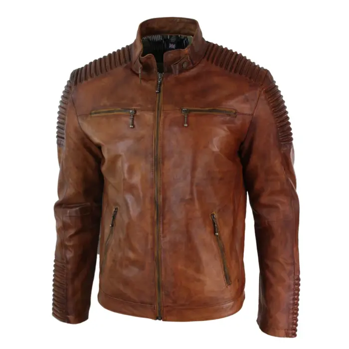 Mens Slim Fit Tan Brown Washed Vintage Real Leather Jacket Zipped Casual - Image 2