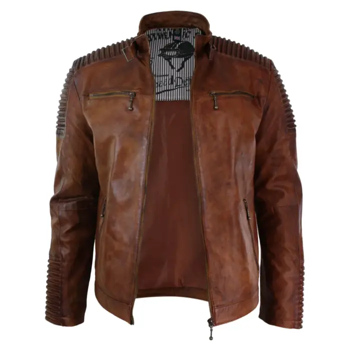 Mens Slim Fit Tan Brown Washed Vintage Real Leather Jacket Zipped Casual - Image 3