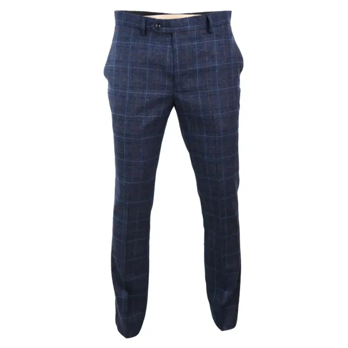 Mens Navy Blue Grey Charcoal Tweed Check Trousers Peaky Blinders Vintage - Image 1