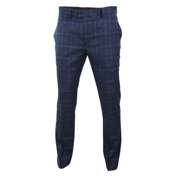 Mens Navy Blue Grey Charcoal Tweed Check Trousers Peaky Blinders Vintage - Image 2