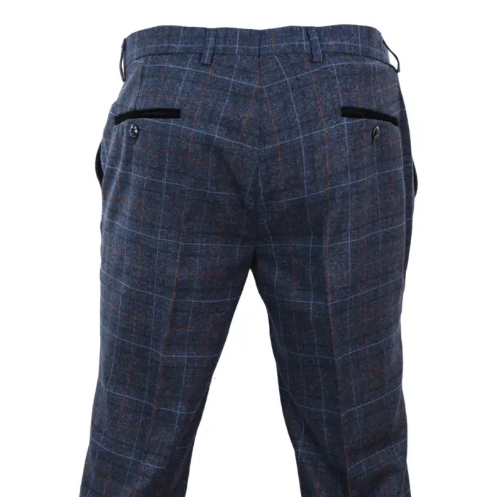 Mens Navy Blue Grey Charcoal Tweed Check Trousers Peaky Blinders Vintage - Image 3