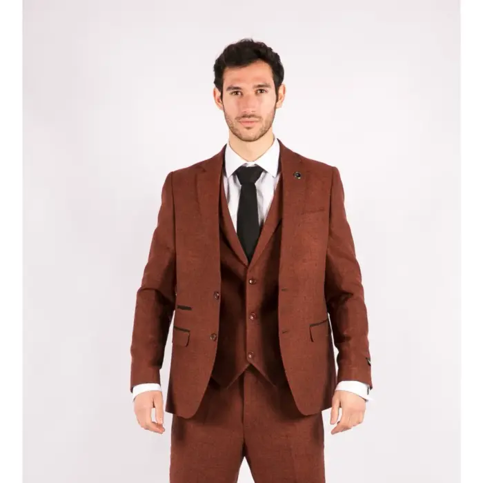 Mens Camel 3 Piece Tweed Suit Herringbone Wool Vintage Retro Fit - Image 1