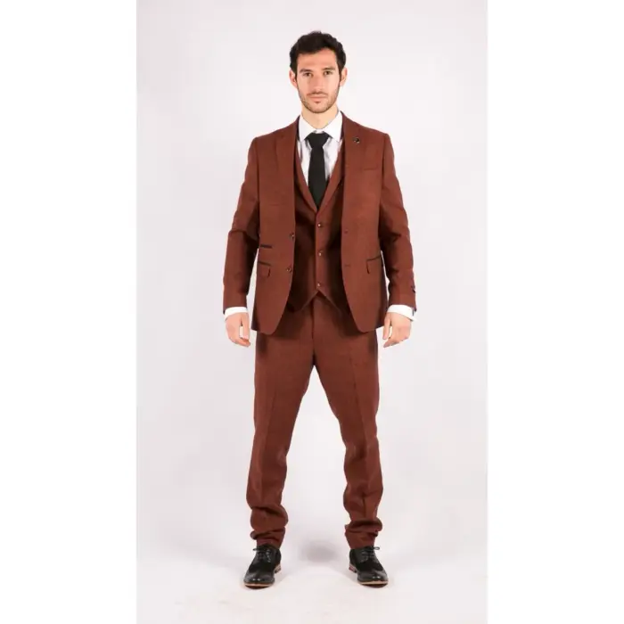 Mens Camel 3 Piece Tweed Suit Herringbone Wool Vintage Retro Fit - Image 2