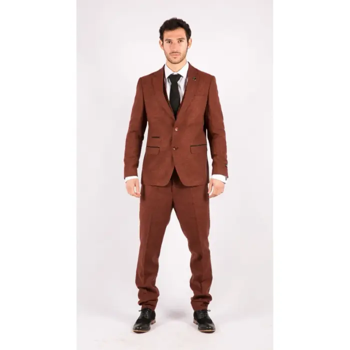 Mens Camel 3 Piece Tweed Suit Herringbone Wool Vintage Retro Fit - Image 3