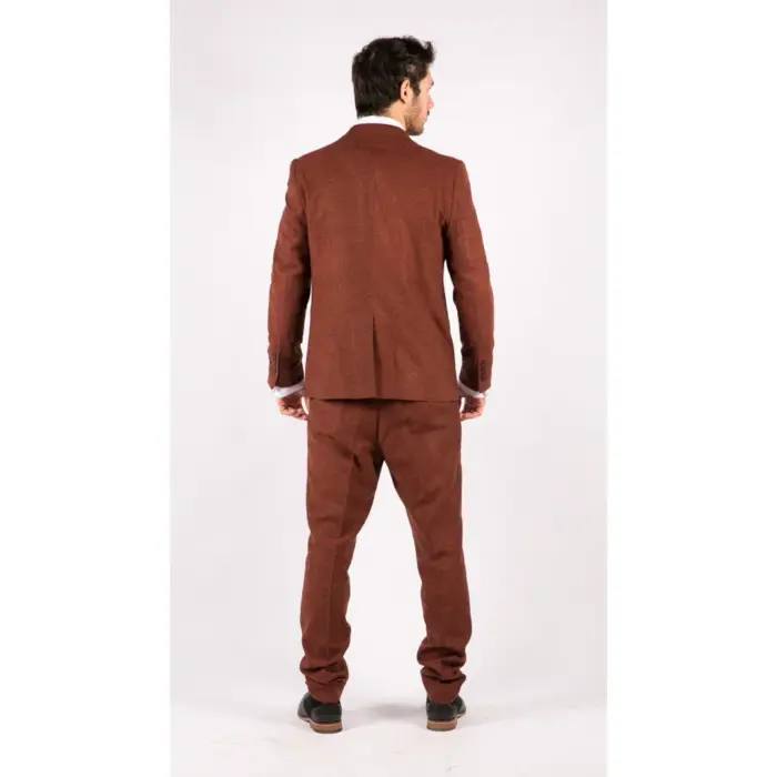 Mens Camel 3 Piece Tweed Suit Herringbone Wool Vintage Retro Fit - Image 4