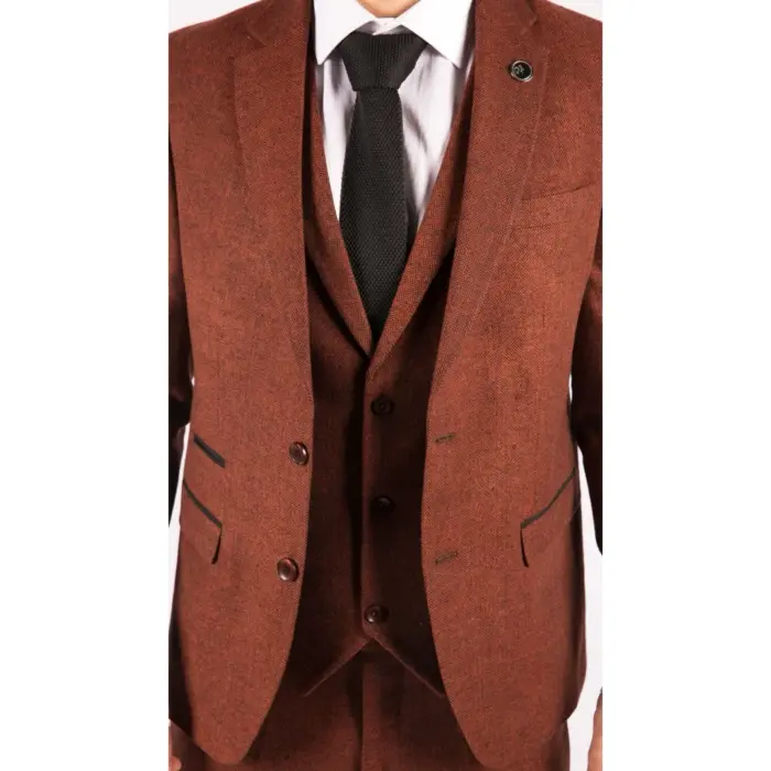 Mens Camel 3 Piece Tweed Suit Herringbone Wool Vintage Retro Fit - Image 5