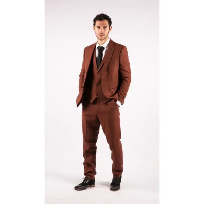 Mens Camel 3 Piece Tweed Suit Herringbone Wool Vintage Retro Fit - Image 6