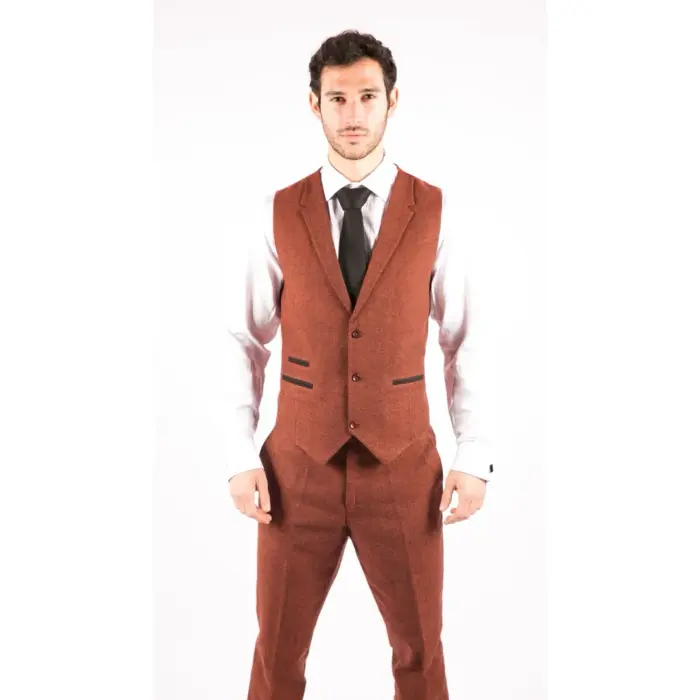 Mens Camel 3 Piece Tweed Suit Herringbone Wool Vintage Retro Fit - Image 7