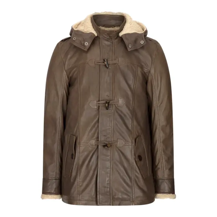 Mens Real Leather Hood Duffle Safari Jacket Long 3/4 Fur Washed Vintage Brown - Image 1