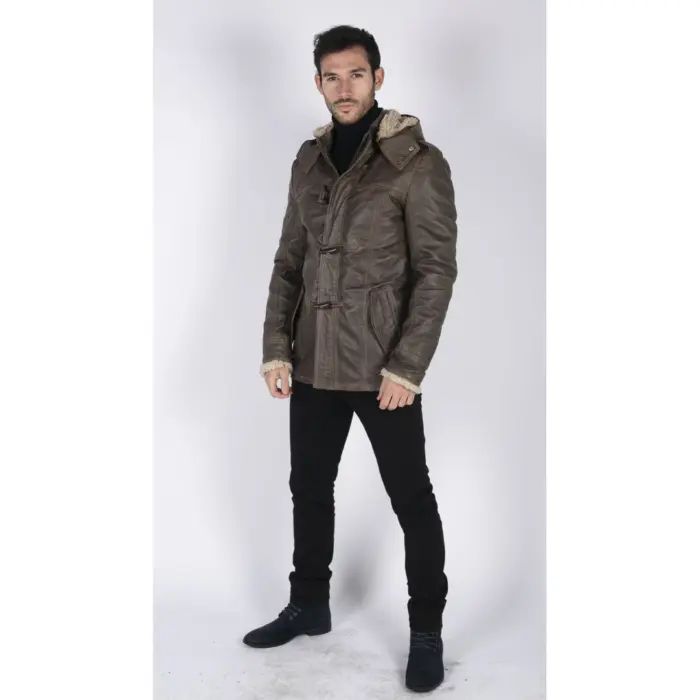 Mens Real Leather Hood Duffle Safari Jacket Long 3/4 Fur Washed Vintage Brown - Image 2