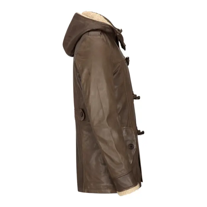 Mens Real Leather Hood Duffle Safari Jacket Long 3/4 Fur Washed Vintage Brown - Image 6