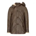 Mens Real Leather Hood Duffle Safari Jacket Long 3/4 Fur Washed Vintage Brown - Image 5