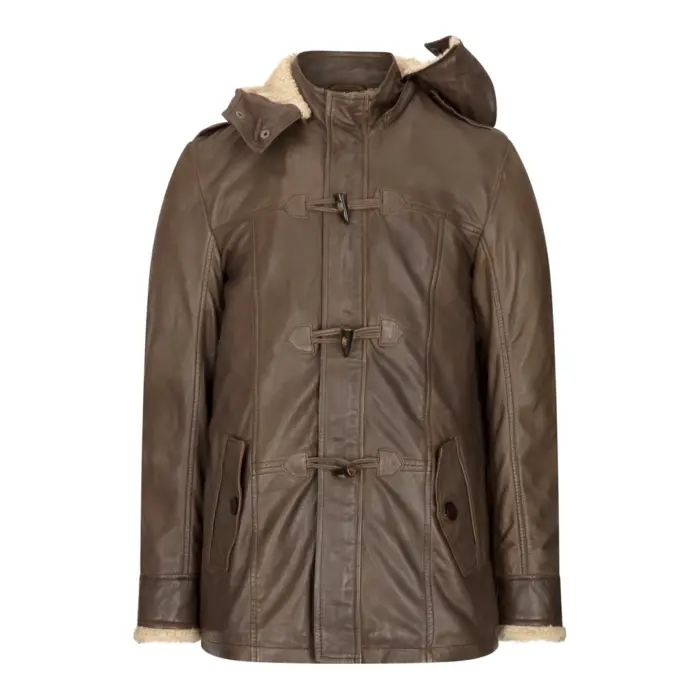 Mens Real Leather Hood Duffle Safari Jacket Long 3/4 Fur Washed Vintage Brown - Image 5