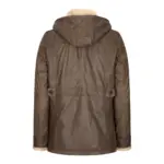Mens Real Leather Hood Duffle Safari Jacket Long 3/4 Fur Washed Vintage Brown - Image 3