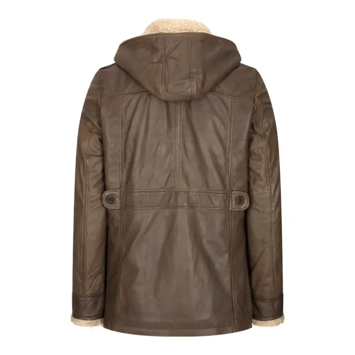 Mens Real Leather Hood Duffle Safari Jacket Long 3/4 Fur Washed Vintage Brown - Image 3