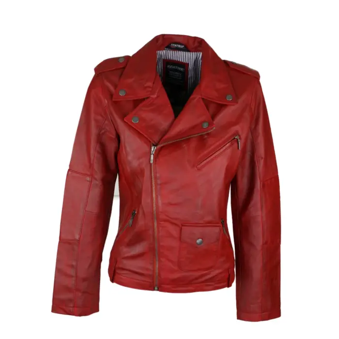 Ladies Women Real Genuine Soft Leather Biker Style Red Jacket - Image 1