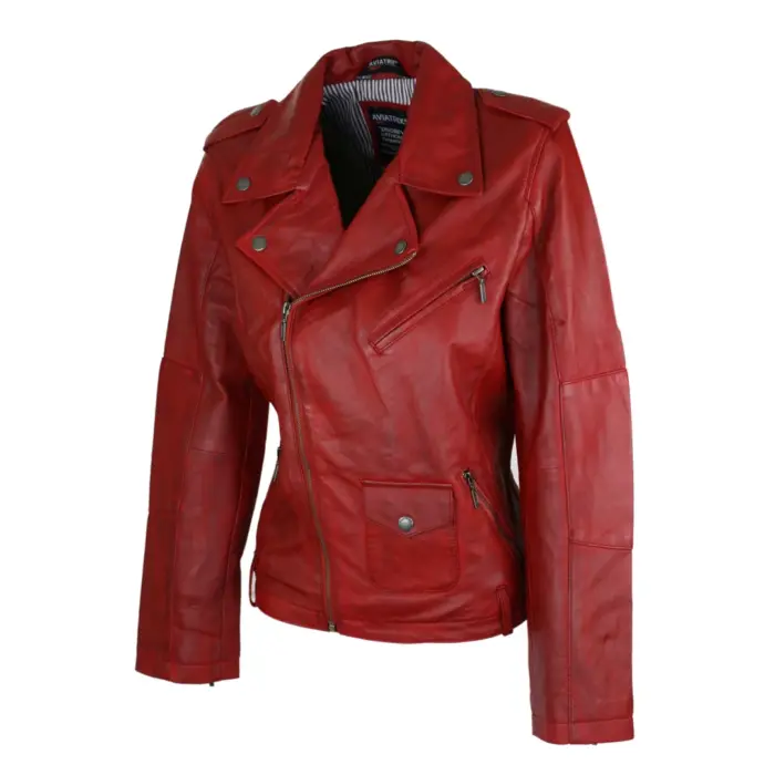 Ladies Women Real Genuine Soft Leather Biker Style Red Jacket - Image 2