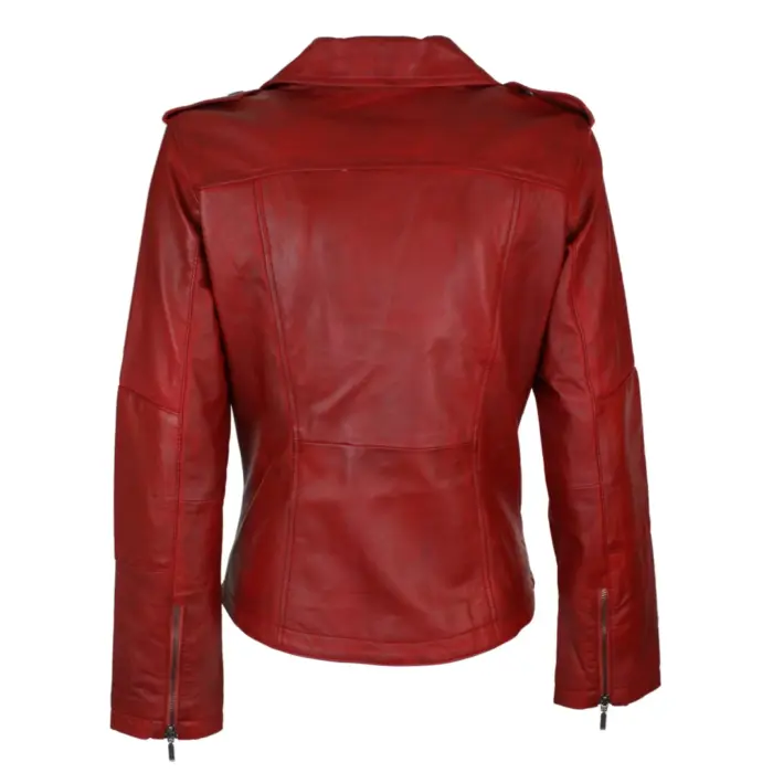 Ladies Women Real Genuine Soft Leather Biker Style Red Jacket - Image 3