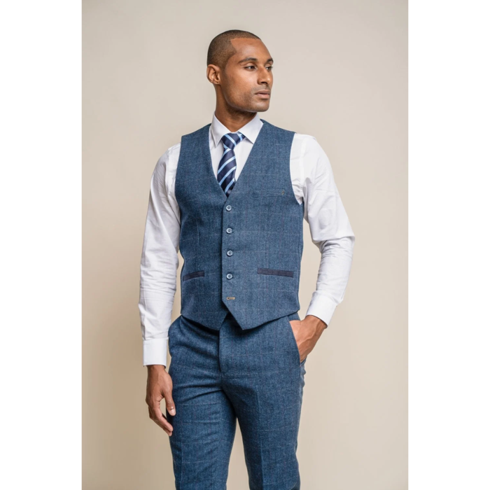 Mens Waistcoat Navy Blue Gilet Tweed Check 1920's Blinders Tailored Fit Vintage - Image 1
