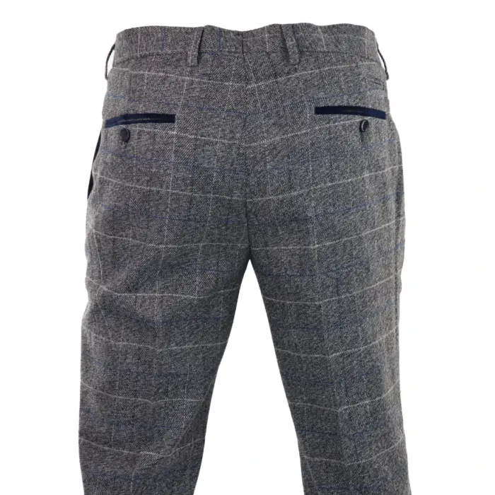 Mens Blue Herringbone Tweed Trousers Vintage Tailored Fit Grey Blue Wedding - Image 8