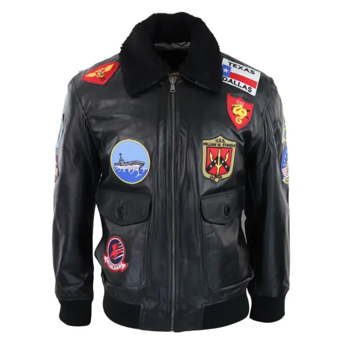 Mens Black Topgun Maverick Jacket Pilot Bomber US Badges Black Fur Tom Cat - Image 1