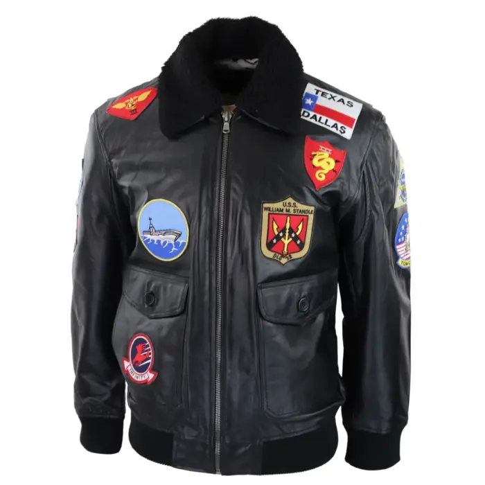 Mens Black Topgun Maverick Jacket Pilot Bomber US Badges Black Fur Tom Cat - Image 3